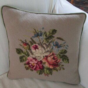 Vintage Floral Needlepoint Throw Pillow Gray Green Velvet Back Handcrafted GUC